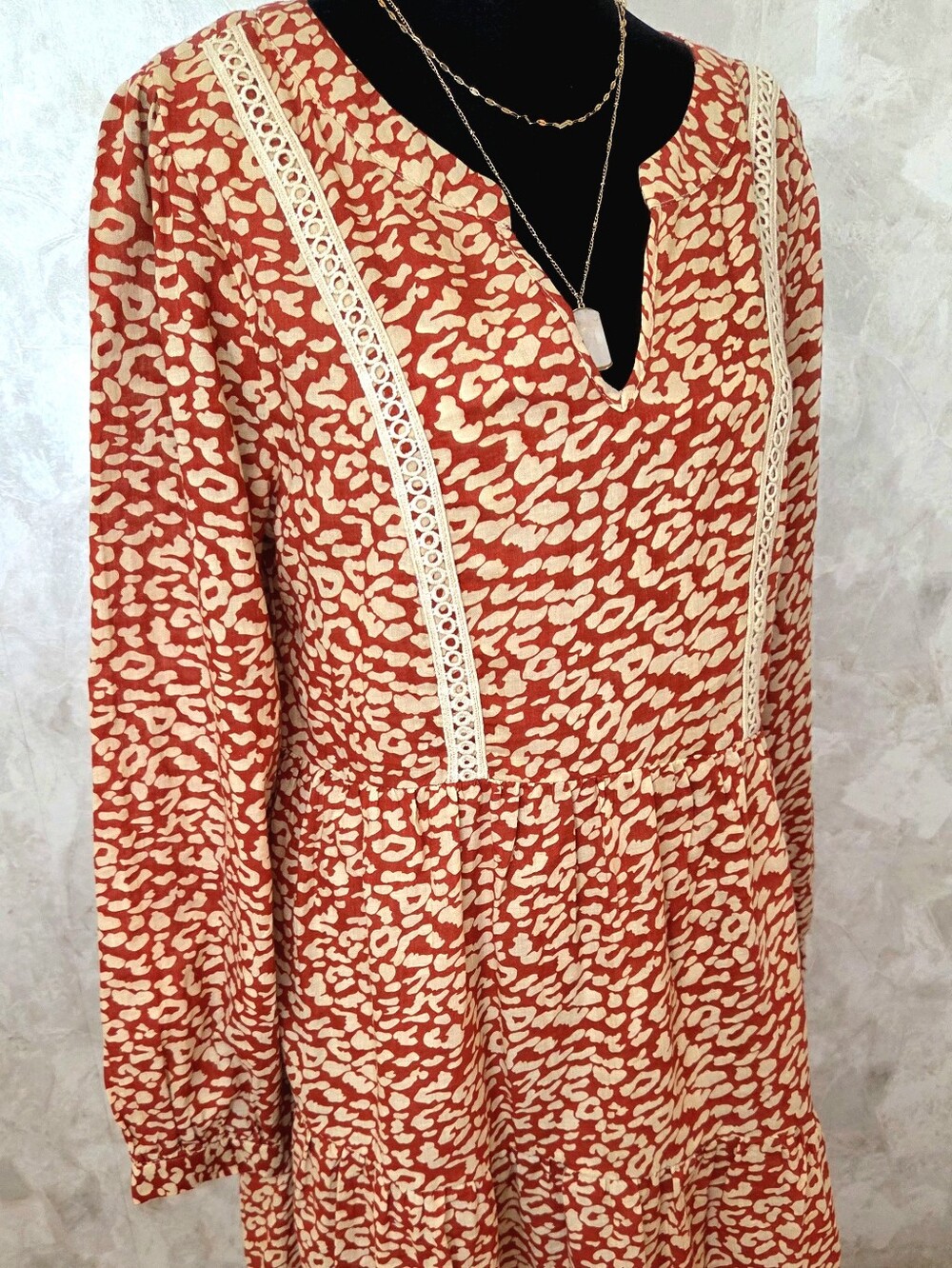 Kori America NWT Tiered Babydoll Dress S Rust Orange Animal Print Boho Lightweig
